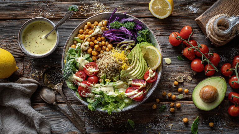 Overhead view of a colorful quinoa veggie bowl with fresh toppings