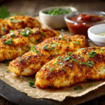 Crispy ranch chicken on a tray with dipping sauces