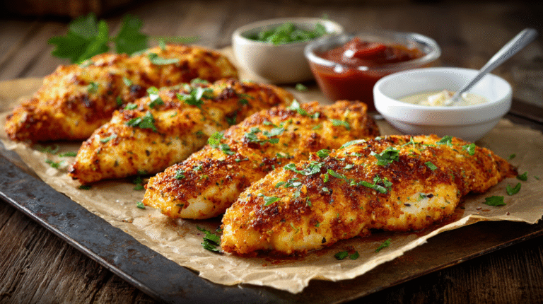 Crispy ranch chicken on a tray with dipping sauces