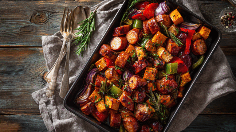 Sheet pan honey garlic kielbasa with sweet potatoes and veggies