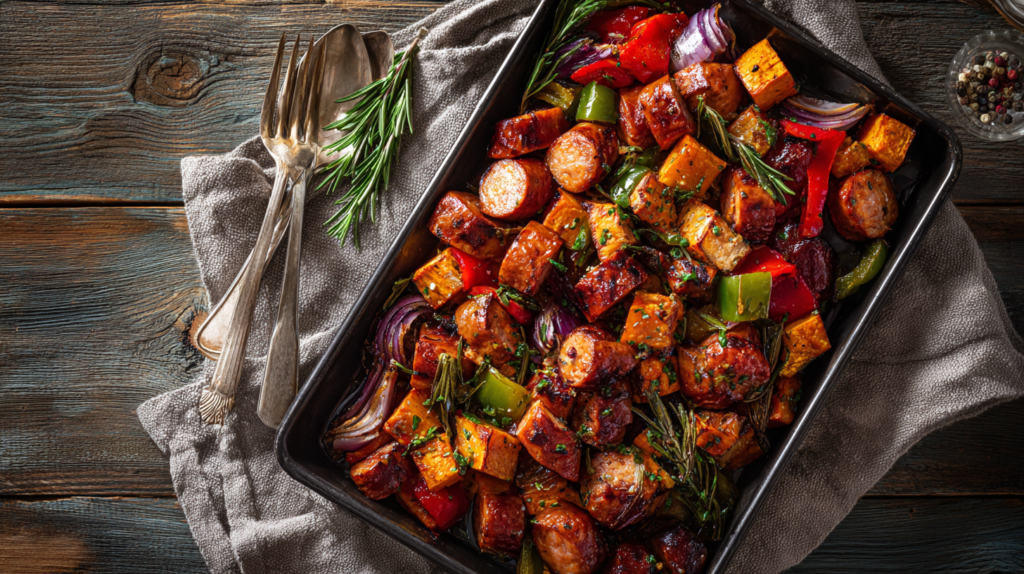 Sheet pan honey garlic kielbasa with sweet potatoes and veggies
