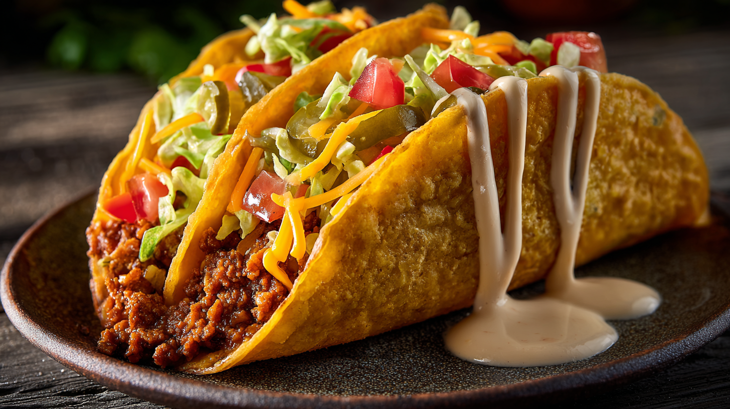 Crispy smash burger taco on a rustic plate