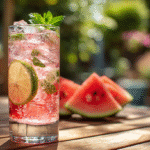 Tall glass of Sour Melon Spritzer with mint and lime