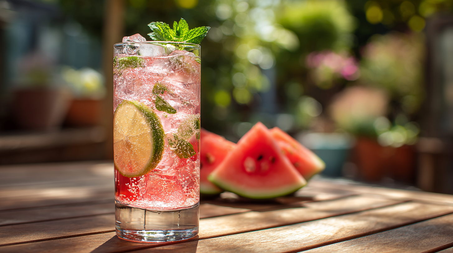 Tall glass of Sour Melon Spritzer with mint and lime