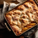 Rustic Southern peach cobbler in baking dish