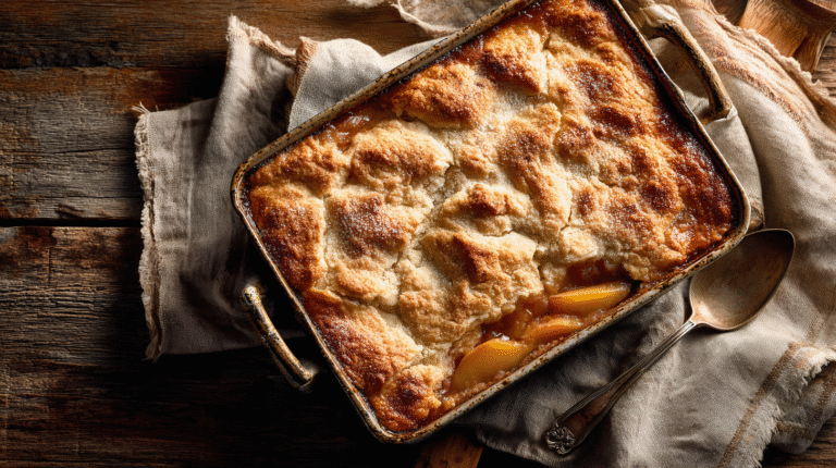 Rustic Southern peach cobbler in baking dish