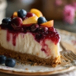 Slice of Summer Berry and Peach Cheesecake on a plate