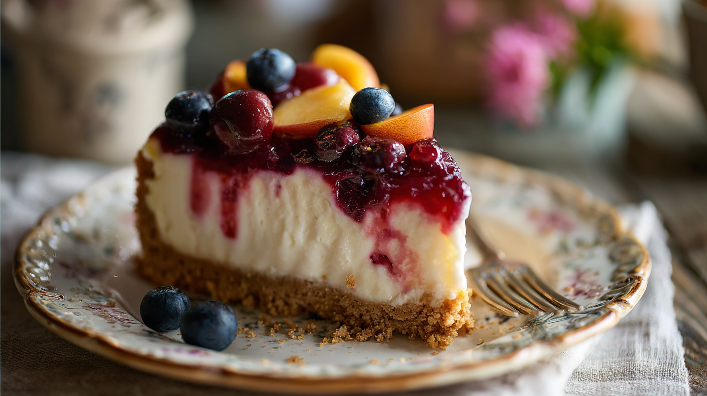 Slice of Summer Berry and Peach Cheesecake on a plate