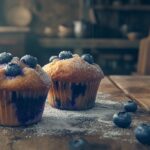 Bakery-style blueberry muffins on table