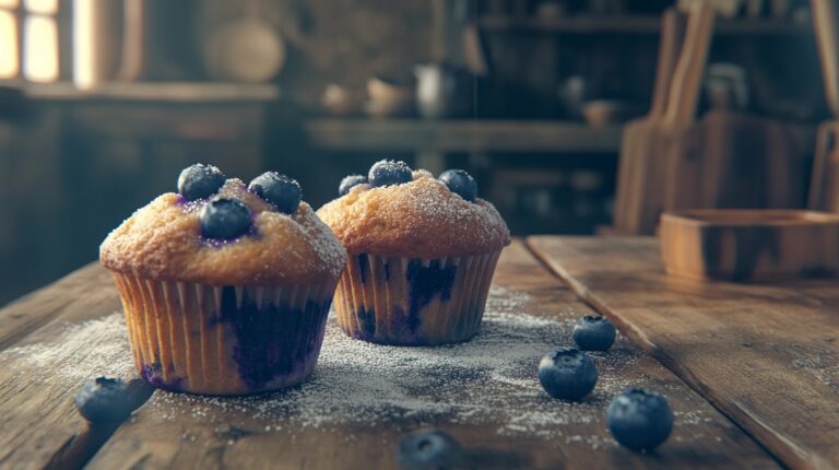 Bakery-style blueberry muffins on table