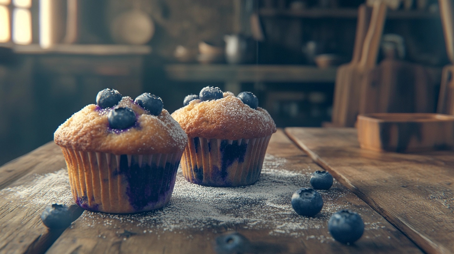 Bakery-style blueberry muffins on table
