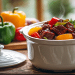 Crock Pot Pepper Steak simmering in a slow cooker