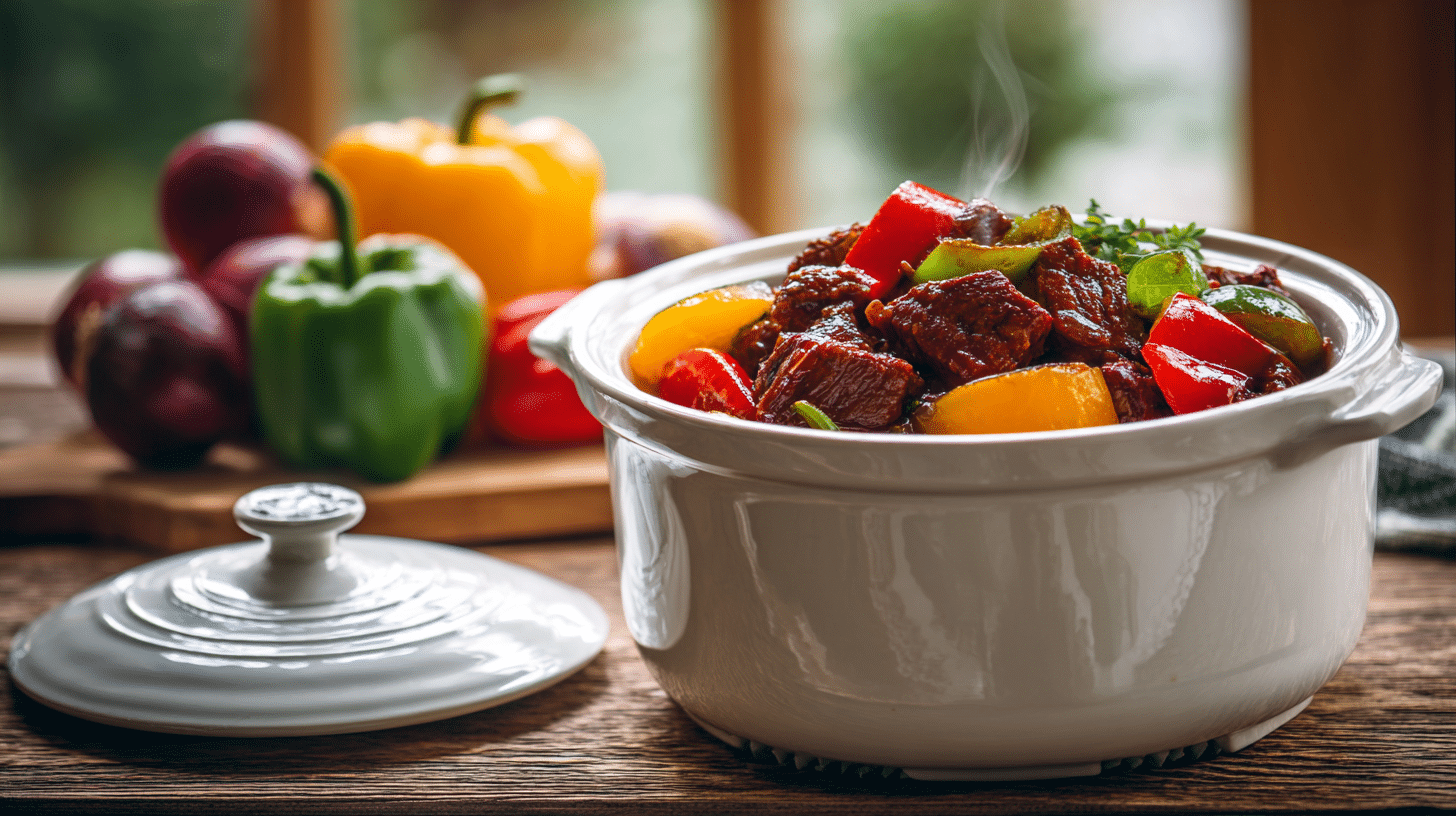 Crock Pot Pepper Steak simmering in a slow cooker