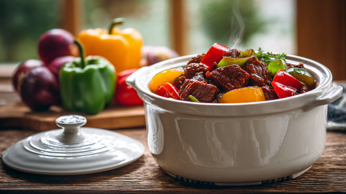 Crock Pot Pepper Steak simmering in a slow cooker