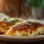 Juicy baked chicken breast on plate with herbs