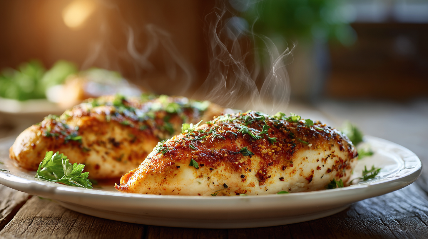 Juicy baked chicken breast on plate with herbs