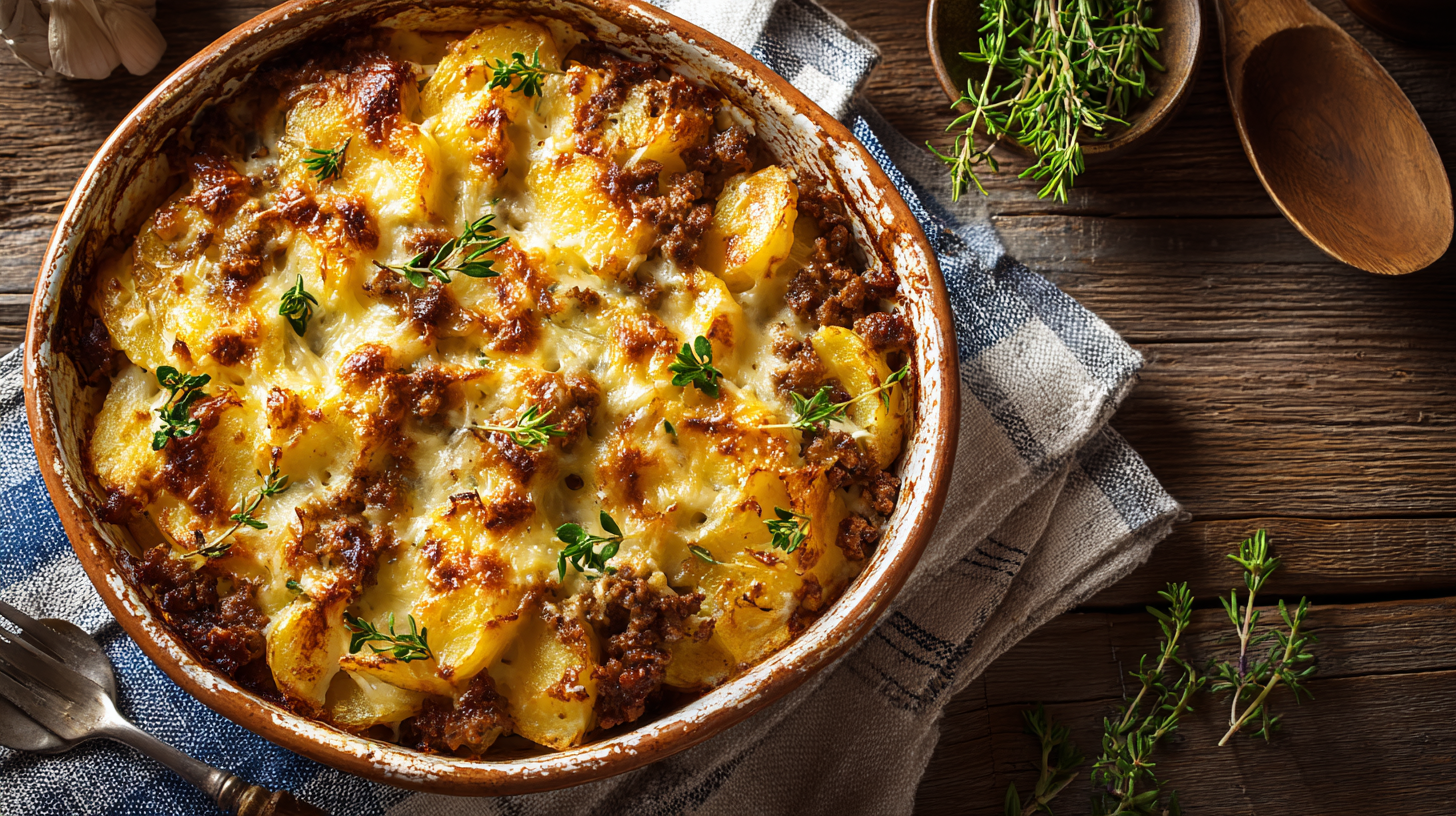 Ground beef and potato casserole baked with cheese in rustic dish
