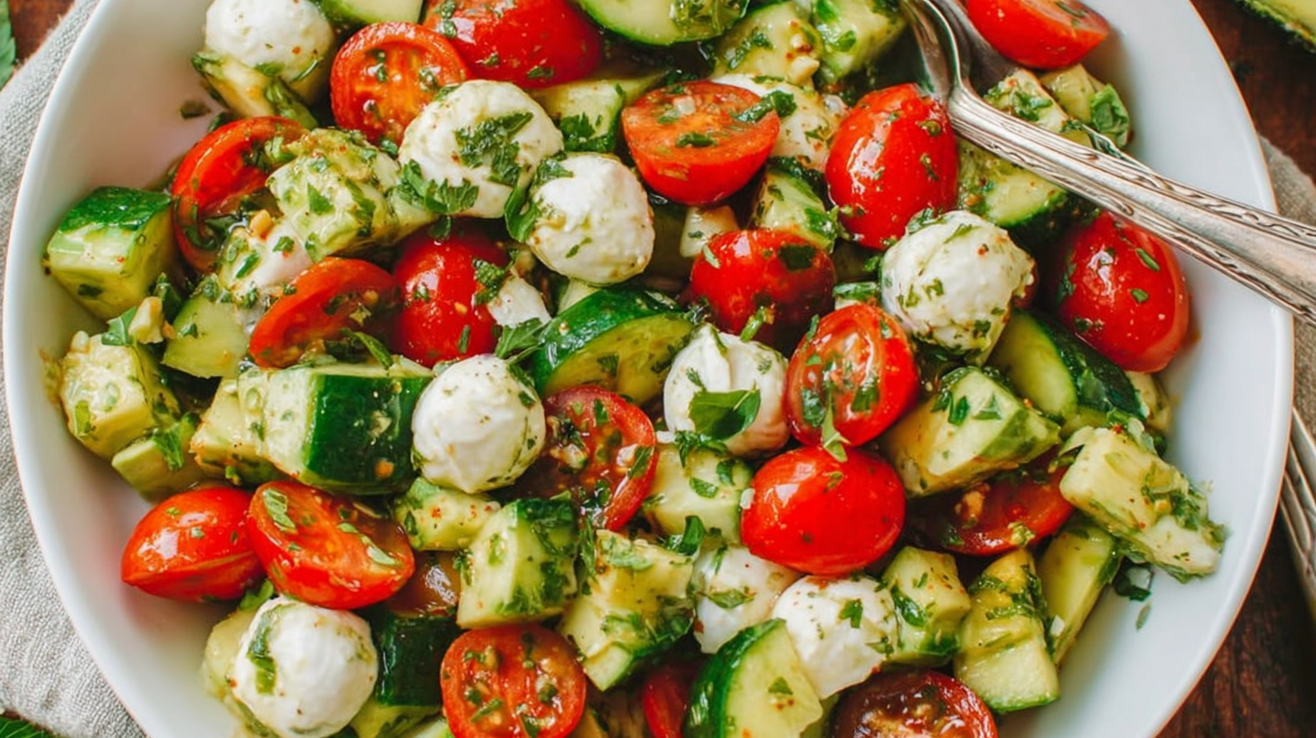Fresh Tomato Cucumber Mozzarella Salad overhead shot
