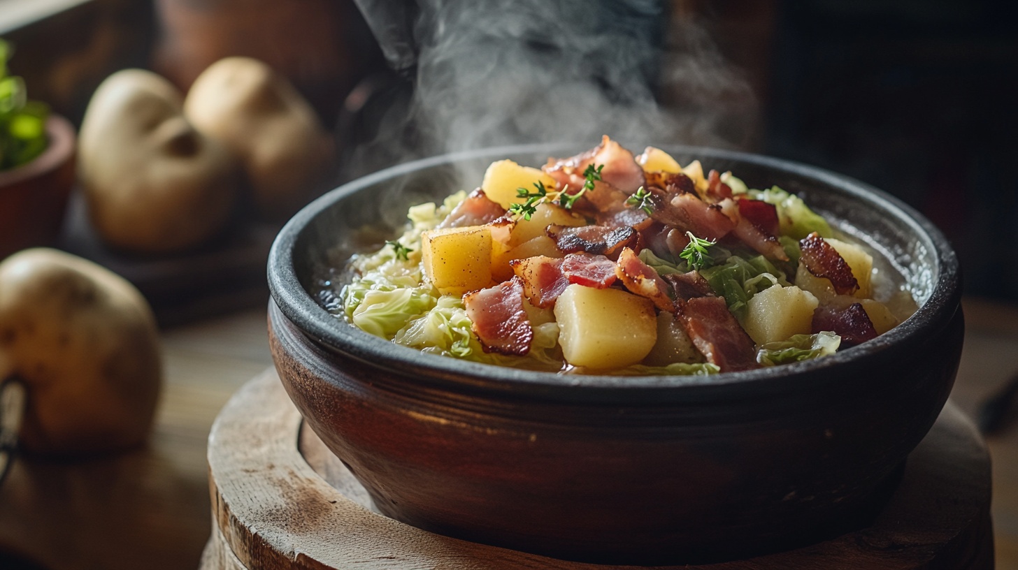 Hearty Irish bacon, cabbage, and potatoes in a rustic bowl