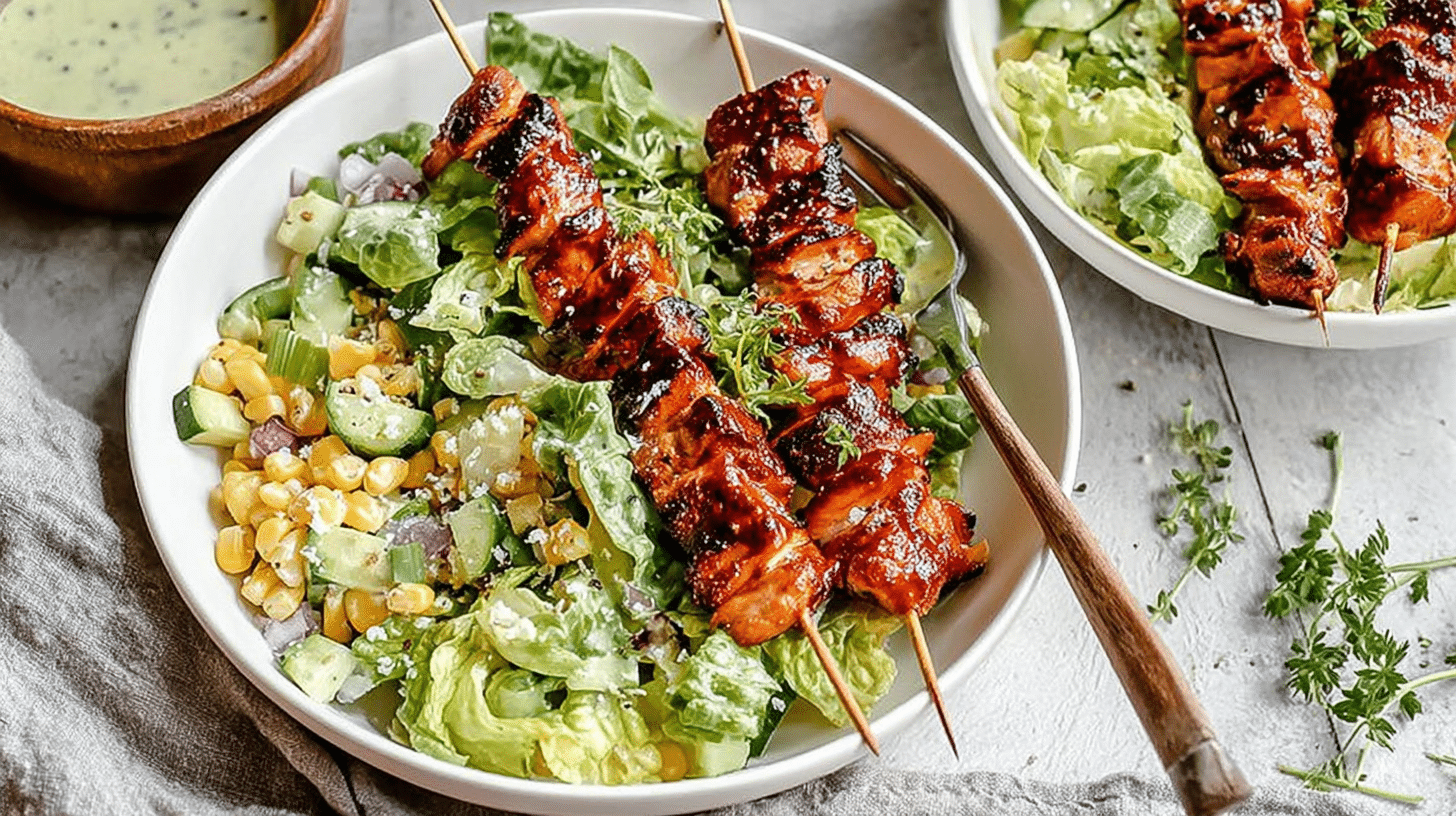 BBQ chicken skewer salad on wooden plate with colorful toppings