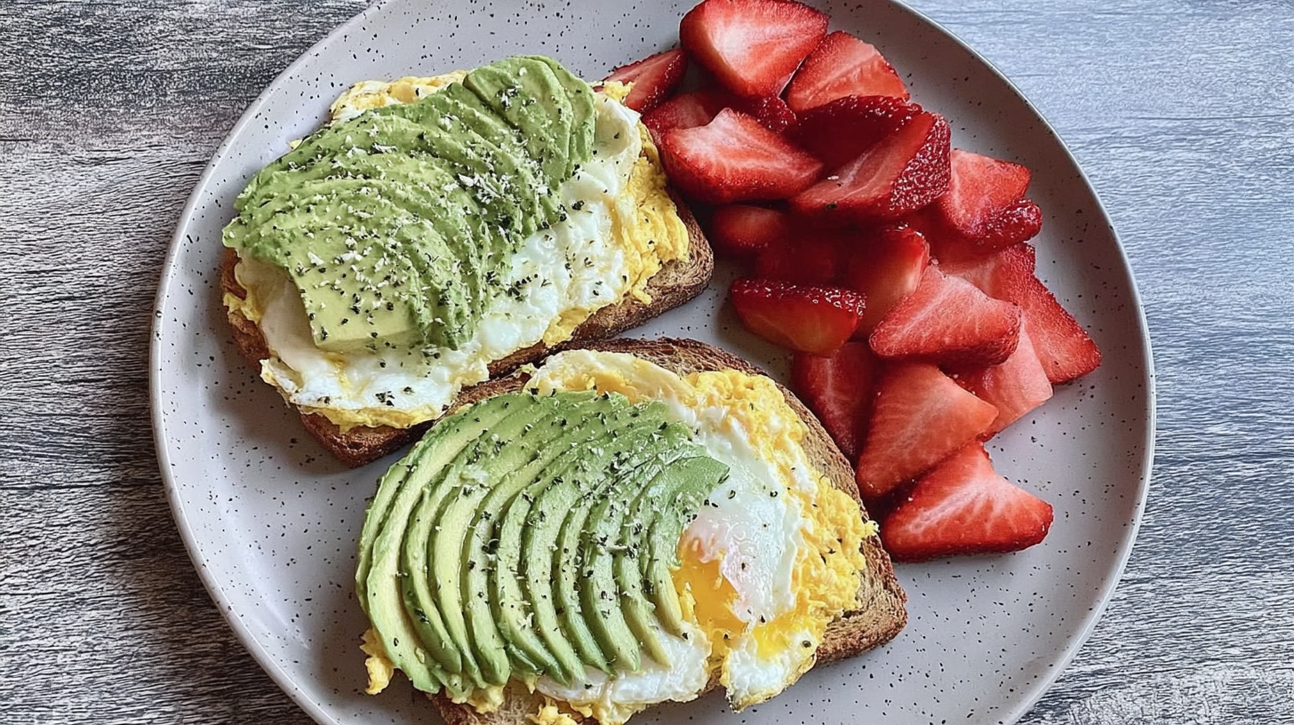 Healthy breakfast with eggs, avocado, and strawberries