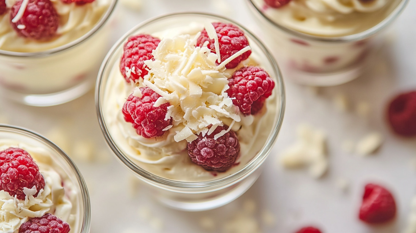 White chocolate raspberry cream dessert in glass cups