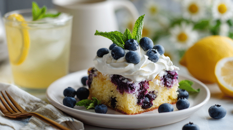 Slice of lemon blueberry sheet cake served with whipped cream