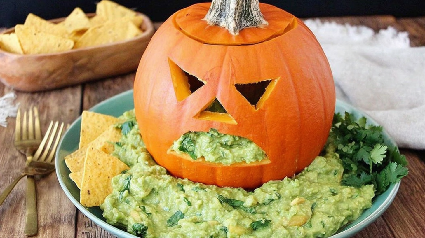 Barfing pumpkin guacamole Halloween appetizer