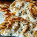 Cheesy garlic chicken wrap sliced on wooden board