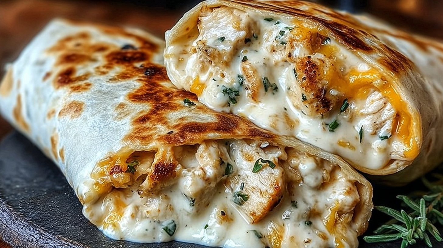 Cheesy garlic chicken wrap sliced on wooden board