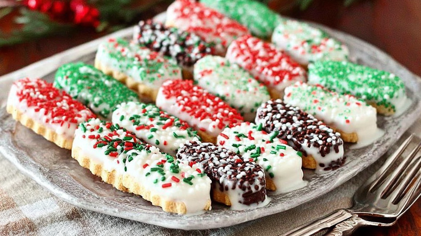 Festive white chocolate-dipped sugar wafers with holiday sprinkles