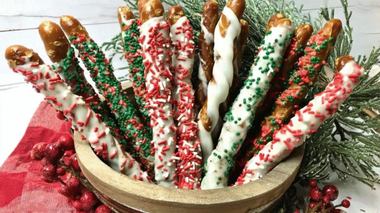 Tray of decorated colorful Christmas pretzel rods with holiday sprinkles