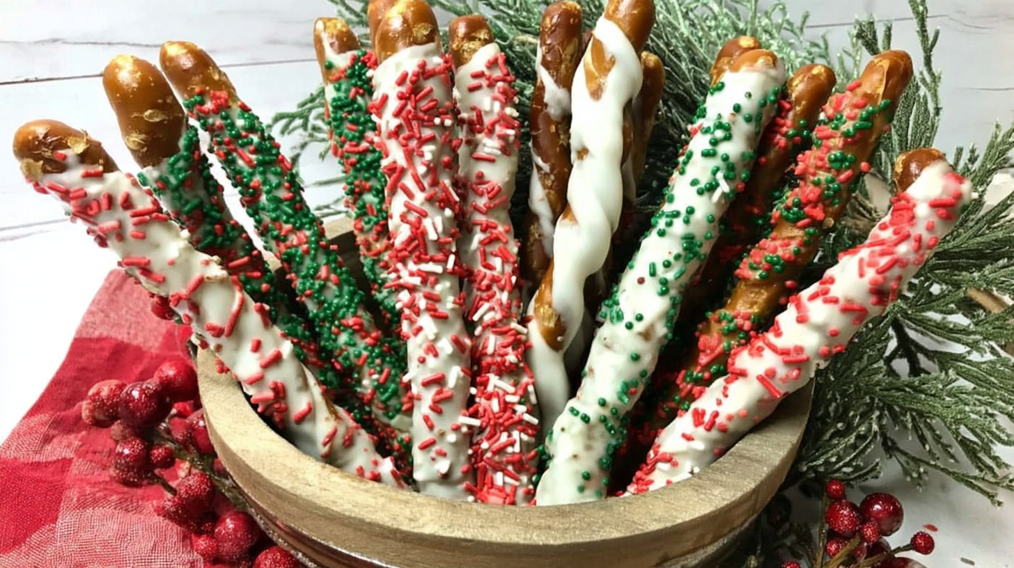 Tray of decorated colorful Christmas pretzel rods with holiday sprinkles