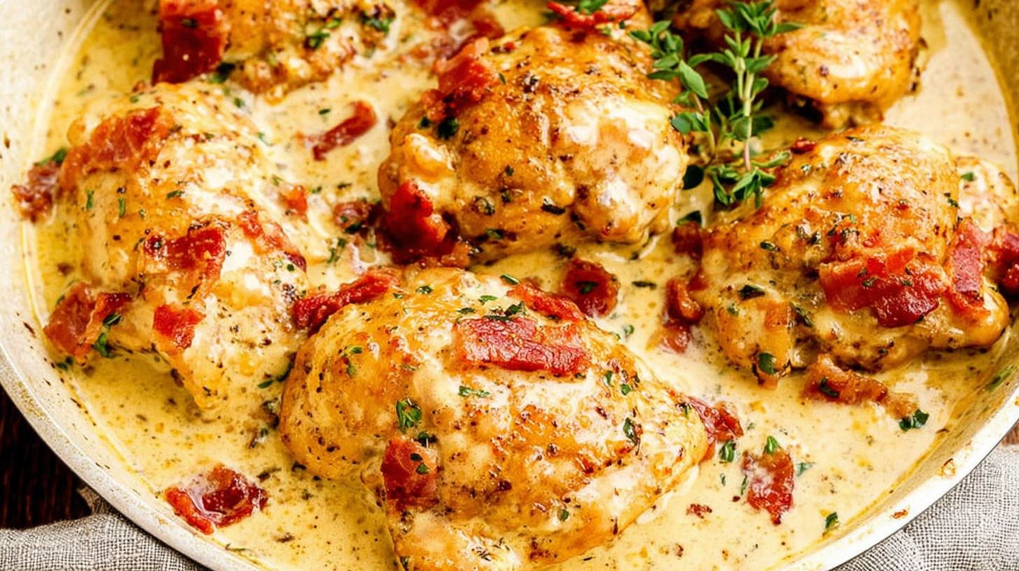 Creamy chicken thighs with bacon in skillet