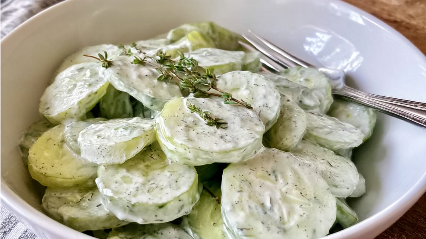 Creamy cucumber salad with dill in ceramic bowl