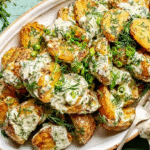 Overhead view of crispy potato salad in a bowl