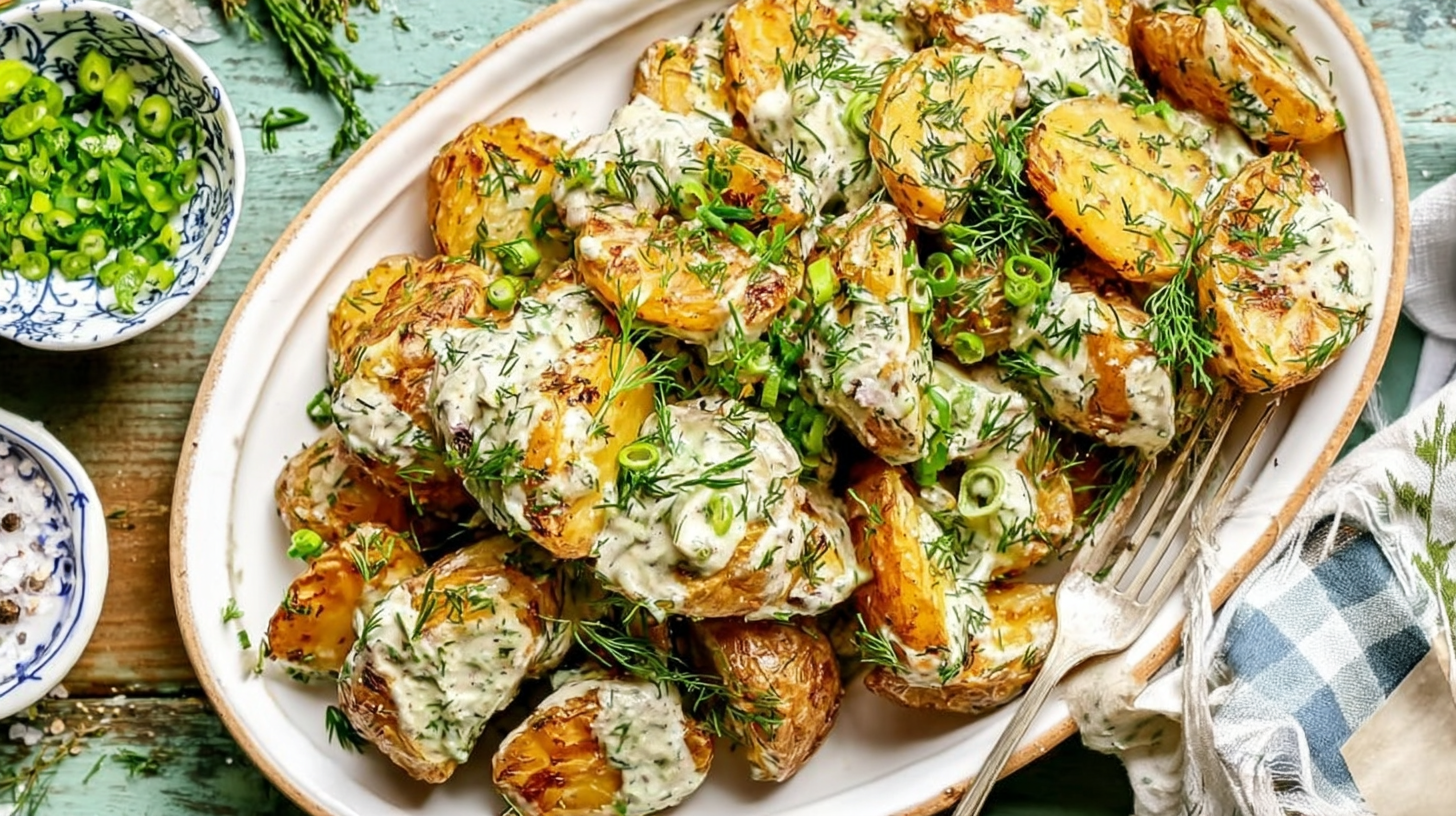 Overhead view of crispy potato salad in a bowl