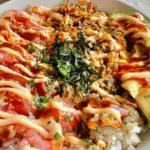 Crunch Roll Sushi Bowl with spicy crab, avocado, and panko