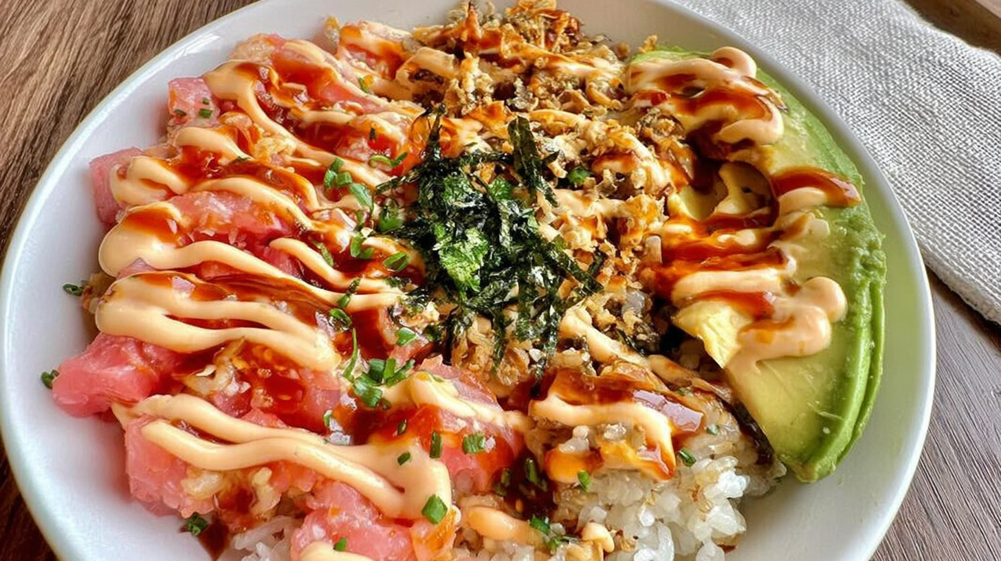 Crunch Roll Sushi Bowl with spicy crab, avocado, and panko