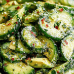 Overhead shot of cucumber avocado salad in rustic bowl