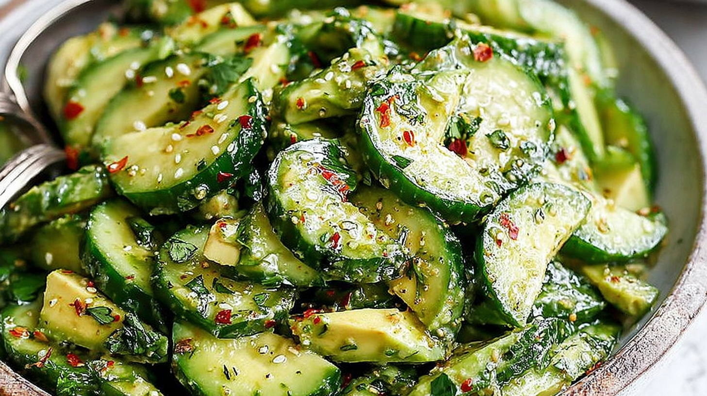 Overhead shot of cucumber avocado salad in rustic bowl