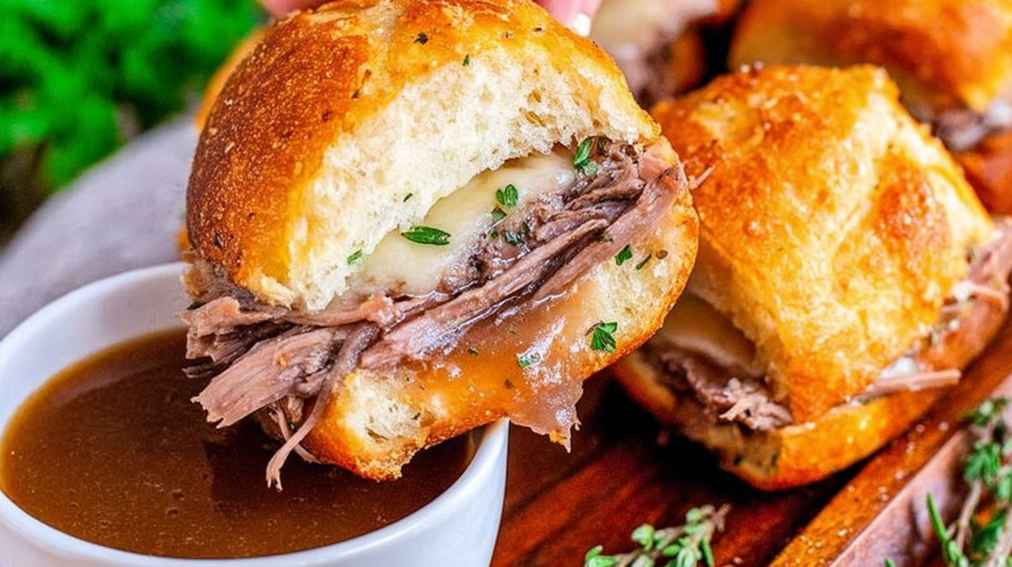 Cheesy French Dip Sliders with Au Jus on a Wooden Tray