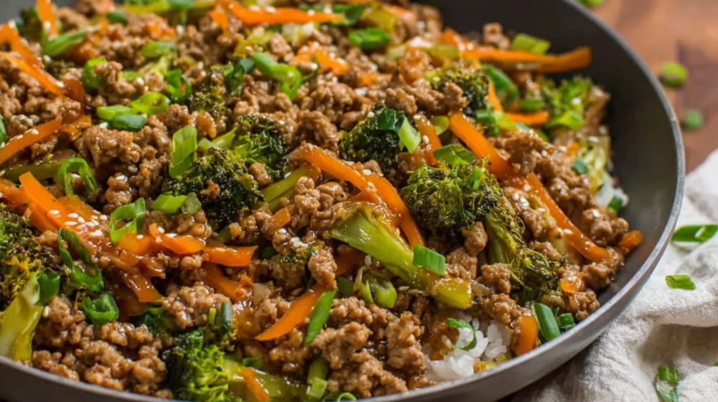 Ground turkey teriyaki stir fry in a bowl with rice