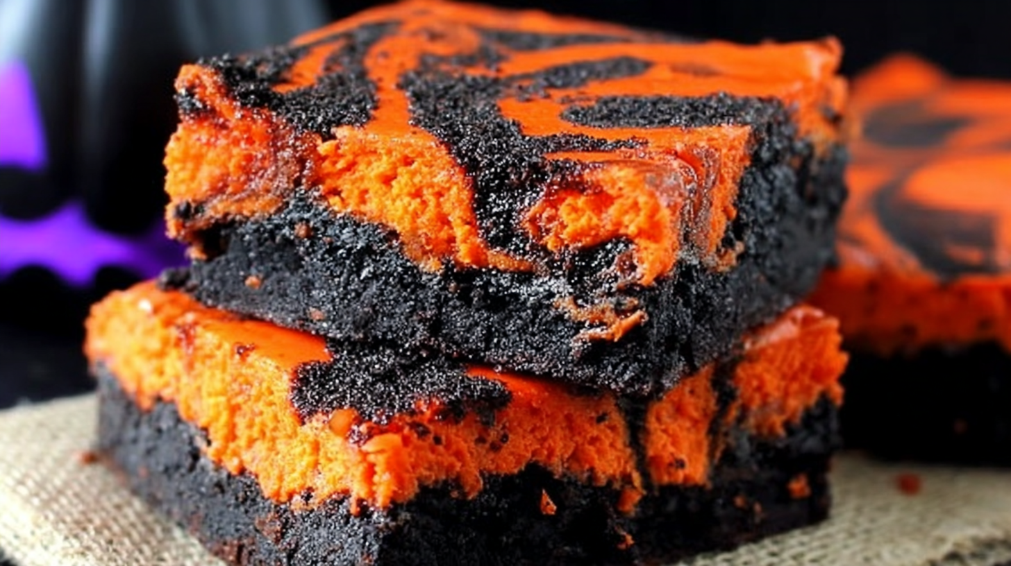 Halloween cream cheese swirl brownies with orange and black swirls