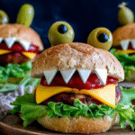 Spooky Halloween Monster Burger with olive eyes
