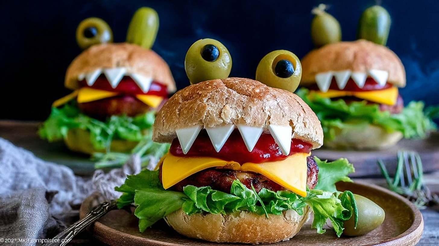Spooky Halloween Monster Burger with olive eyes