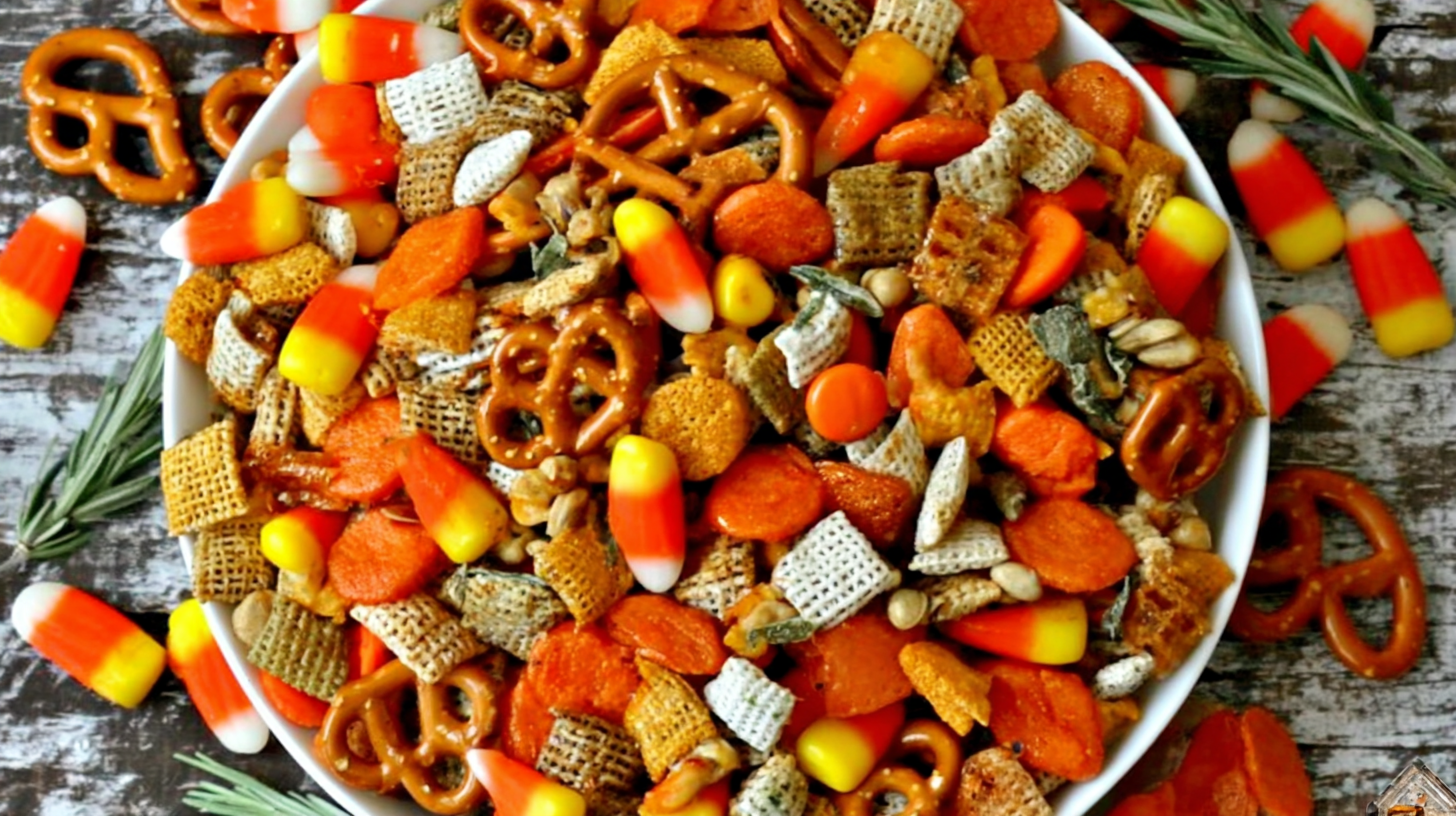 Halloween trail mix with fall snacks and decorations
