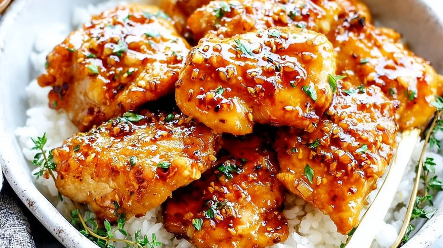 Sticky honey garlic chicken thighs served over rice on a white plate