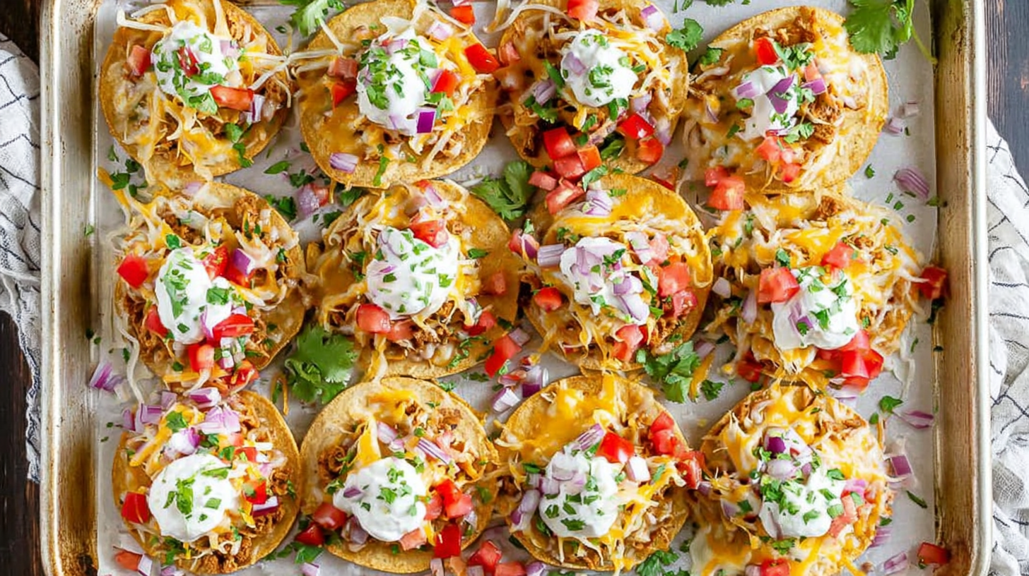 Mini Sheet Pan Tostadas topped with colorful ingredients