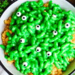 Halloween mac and cheese in spooky black bowl